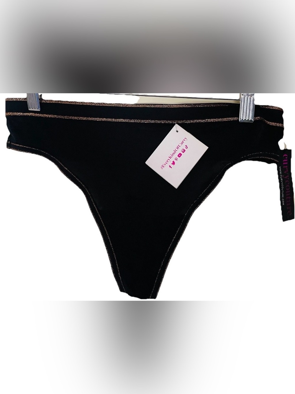 Curvy Couture Black High Waist Thong Panty Metallic Gold Stripe Size small